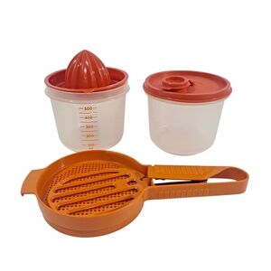 Vintage Tupperware Sifter, Juicer, Two Measurement Containers 1 lid Orange
